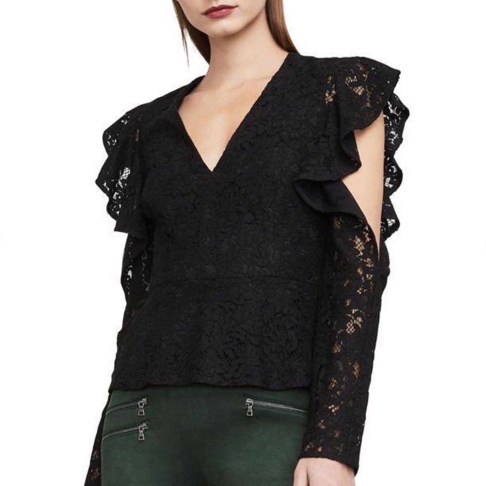 BCBGMAXAZRIA Women's Gil Lace Cut Out Peplum Blouse In Black Sz XXS